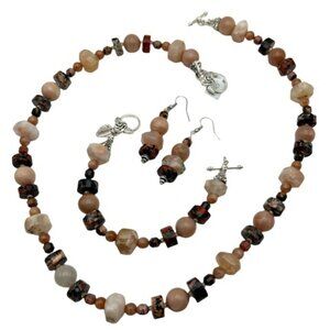 Handmade Jewelry Set - Cherry Blossom Agate, Sunstone, Red Snowflake Jasper